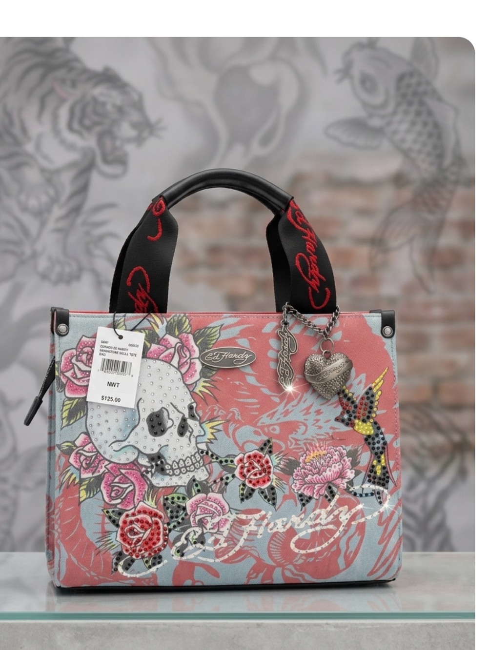 NWT Ed Hardy Rhinestone Skull Tote/ Crossbody Grunge Core W Charms  Bling Core